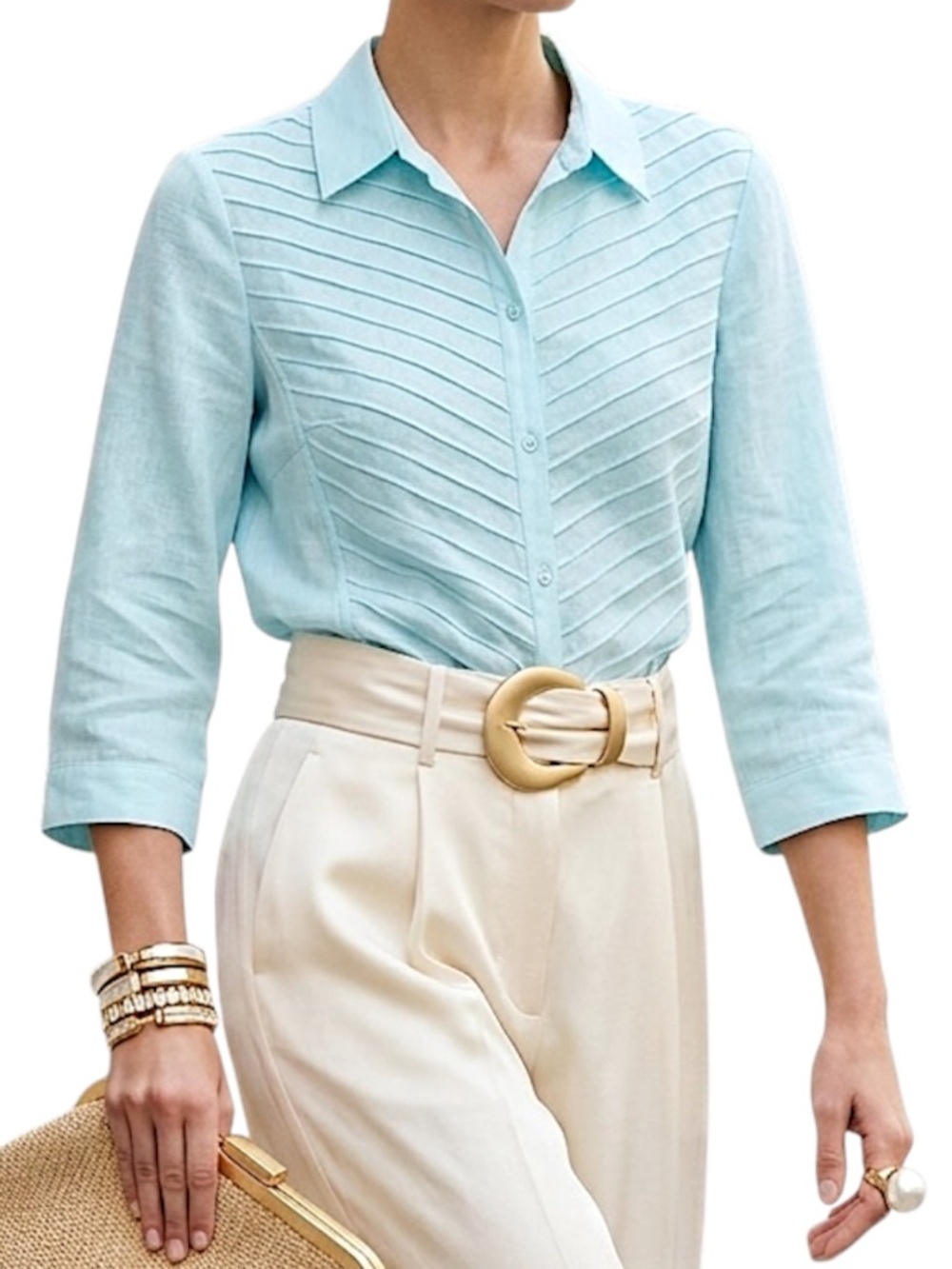 Lafayette 148 NY organic linen aqua blue chevron pin tuck 3/4 sleeve blouse 12